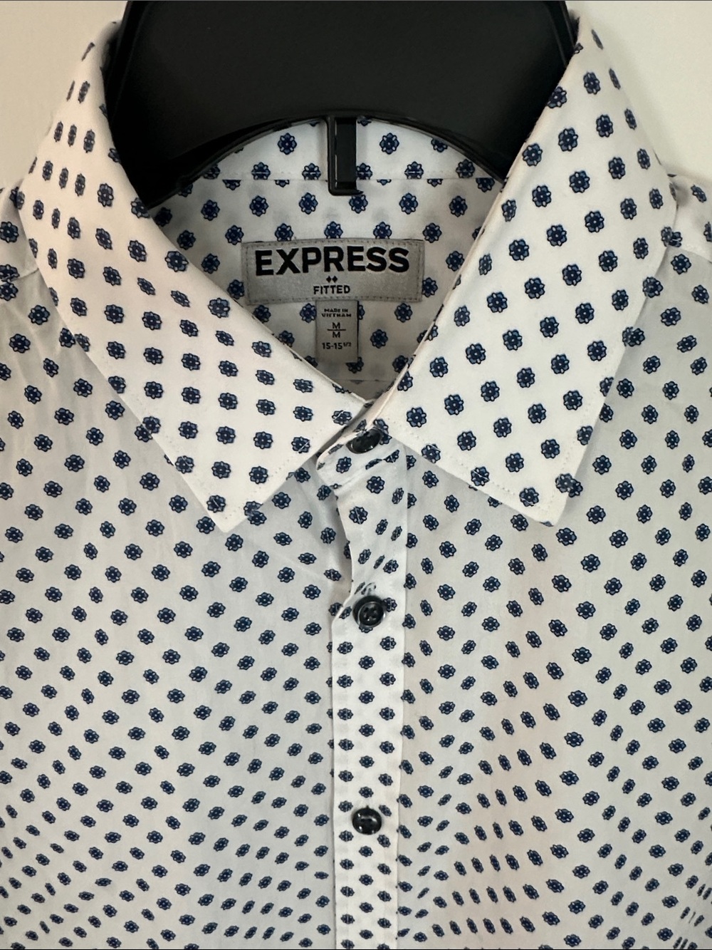 Express Men's White Button-Up Shirt with Navy Dot Pattern
